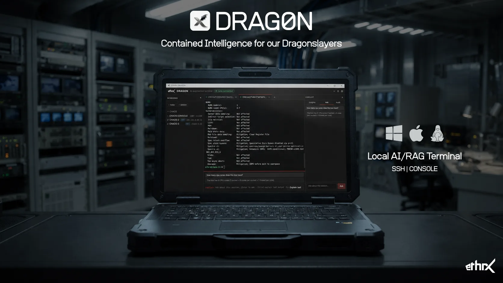 DRAGON — local AI/RAG terminal running on a rugged laptop over SSH and console